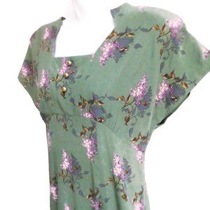 Vintage Midi Dress Empire Waist Green Lilac Bouquets Rayon Back Zipper Slit